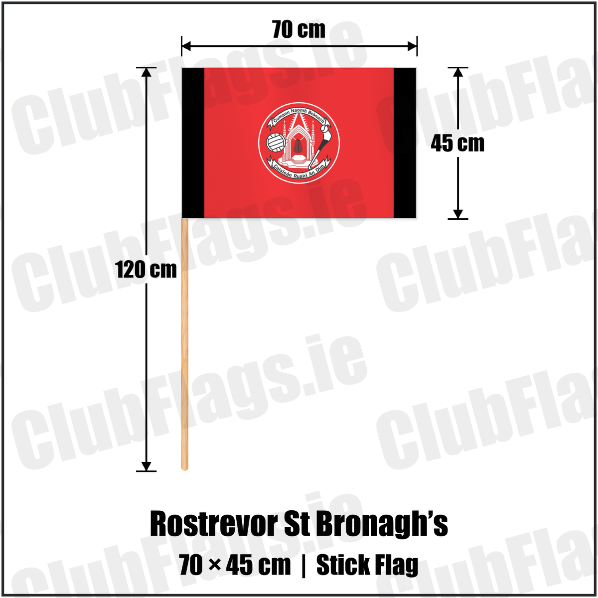 Rostrevor St Bronagh’s 45cm x 70cm Stick Flag with the club crest and colours, Down GAA - ClubFlags.ie