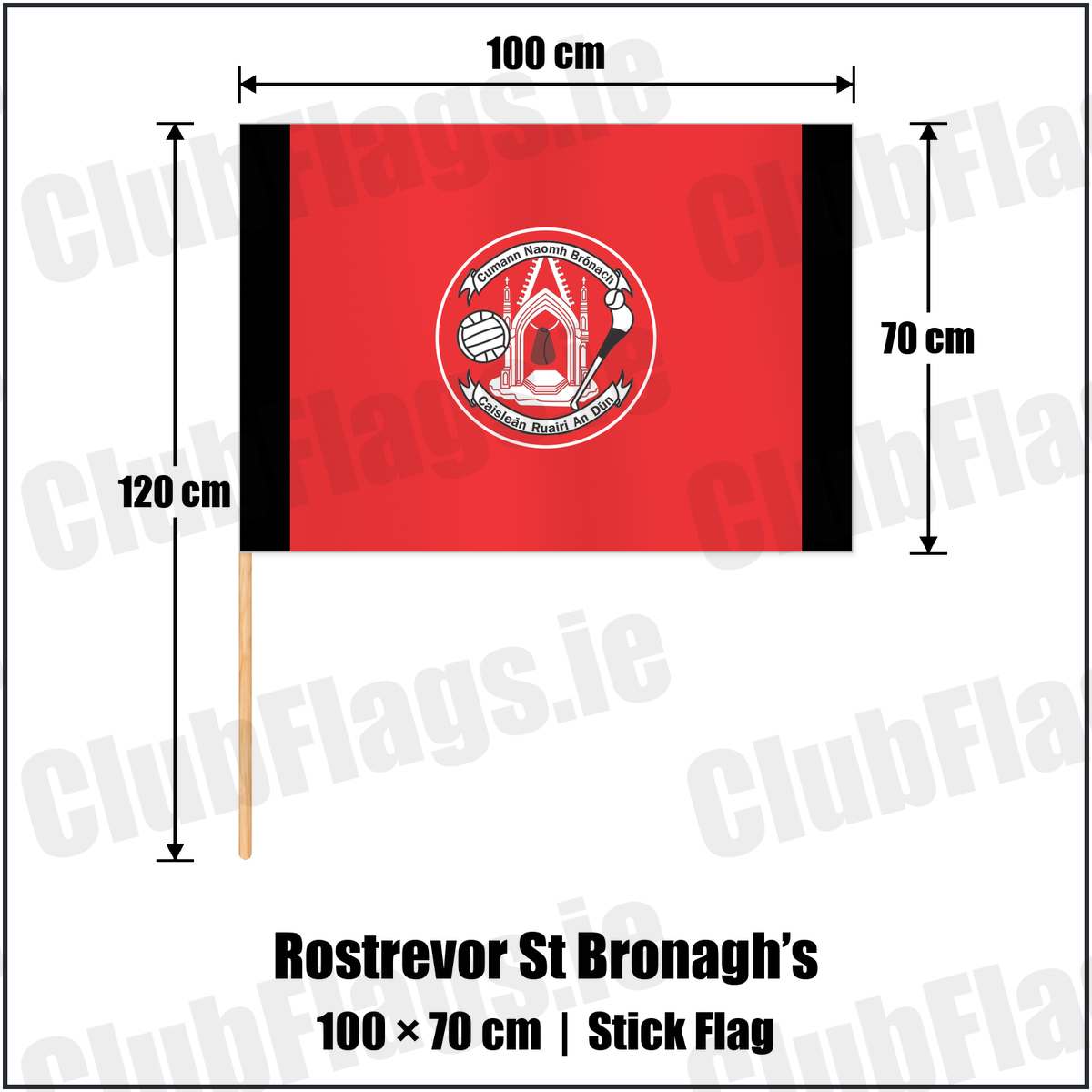 Rostrevor St Bronagh’s 70cm x 100cm Stick Flag with the club crest and colours, Down GAA - ClubFlags.ie