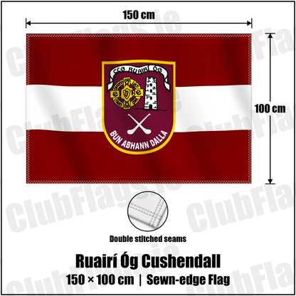 Ruairí Óg Cushendall 100cm x 150cm Flag (sewn on the edges) with the verified club crest and colours, Antrim GAA - ClubFlags.ie
