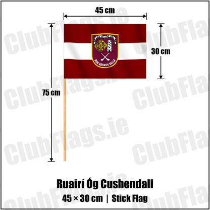 Ruairí Óg Cushendall 30cm x 45cm Stick Flag with the verified club crest and colours, Antrim GAA - ClubFlags.ie