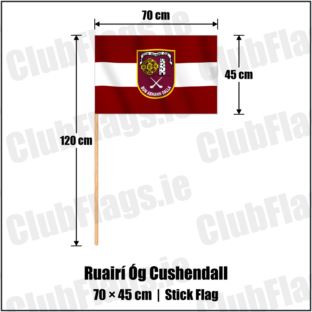 Ruairí Óg Cushendall 45cm x 70cm Stick Flag with the verified club crest and colours, Antrim GAA - ClubFlags.ie