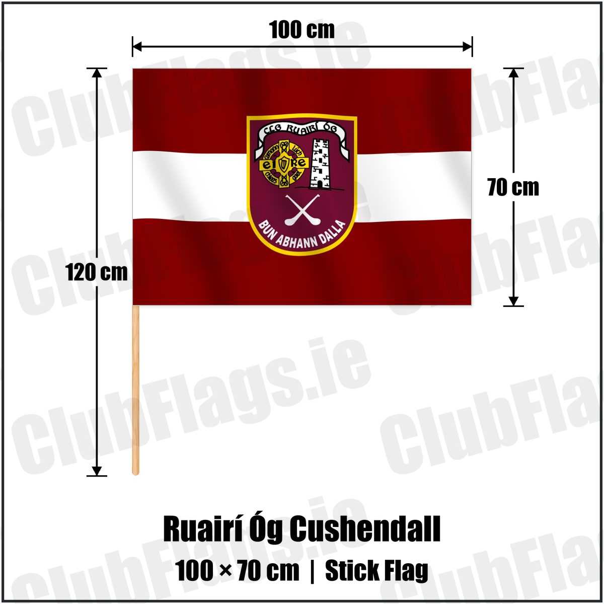 Ruairí Óg Cushendall 70cm x 100cm Stick Flag with the verified club crest and colours, Antrim GAA - ClubFlags.ie