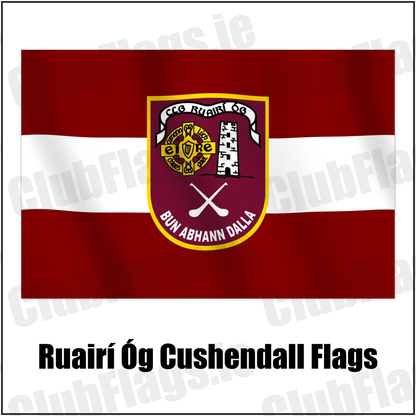 Ruairí Óg Cushendall Flags, complete original crest on maroon and white horizontal bands, Antrim GAA – ClubFlags.ie