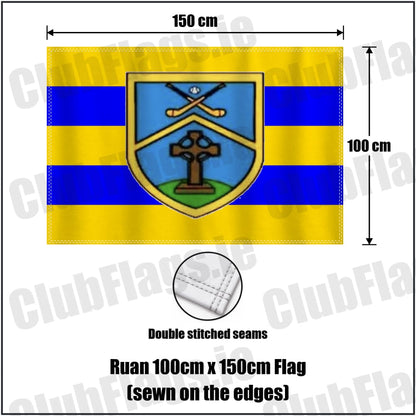Ruan 100cm x 150cm Flag (sewn on the edges) in saffron and blue, featuring the club crest on realistic fabric with gentle vertical folds; County Clare GAA. ClubFlags.ie.