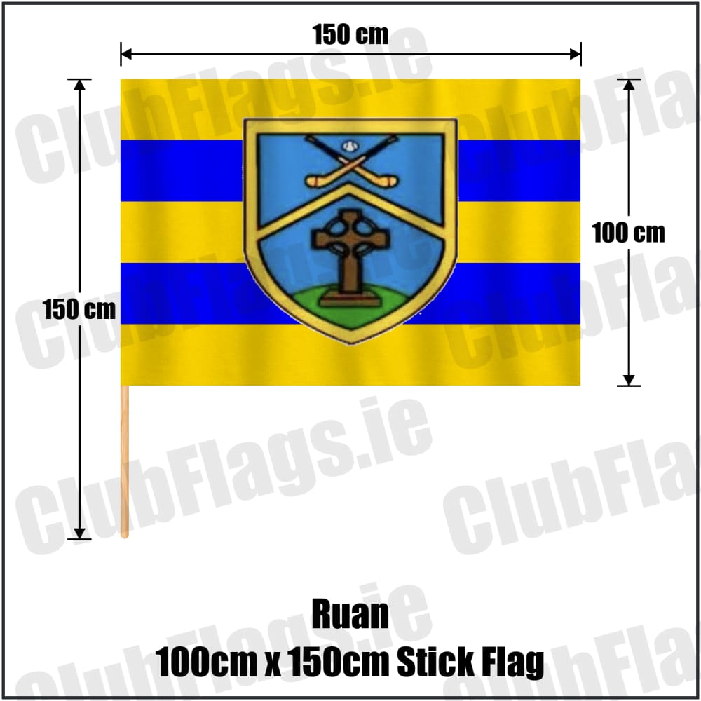 Ruan 100cm x 150cm Stick Flag in saffron and blue, featuring the club crest on realistic fabric with gentle vertical folds; County Clare GAA. ClubFlags.ie.