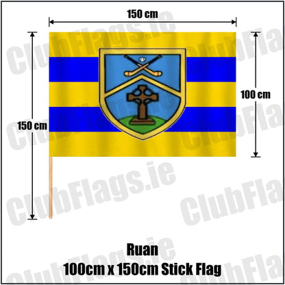 Ruan 100cm x 150cm Stick Flag in saffron and blue, featuring the club crest on realistic fabric with gentle vertical folds; County Clare GAA. ClubFlags.ie.