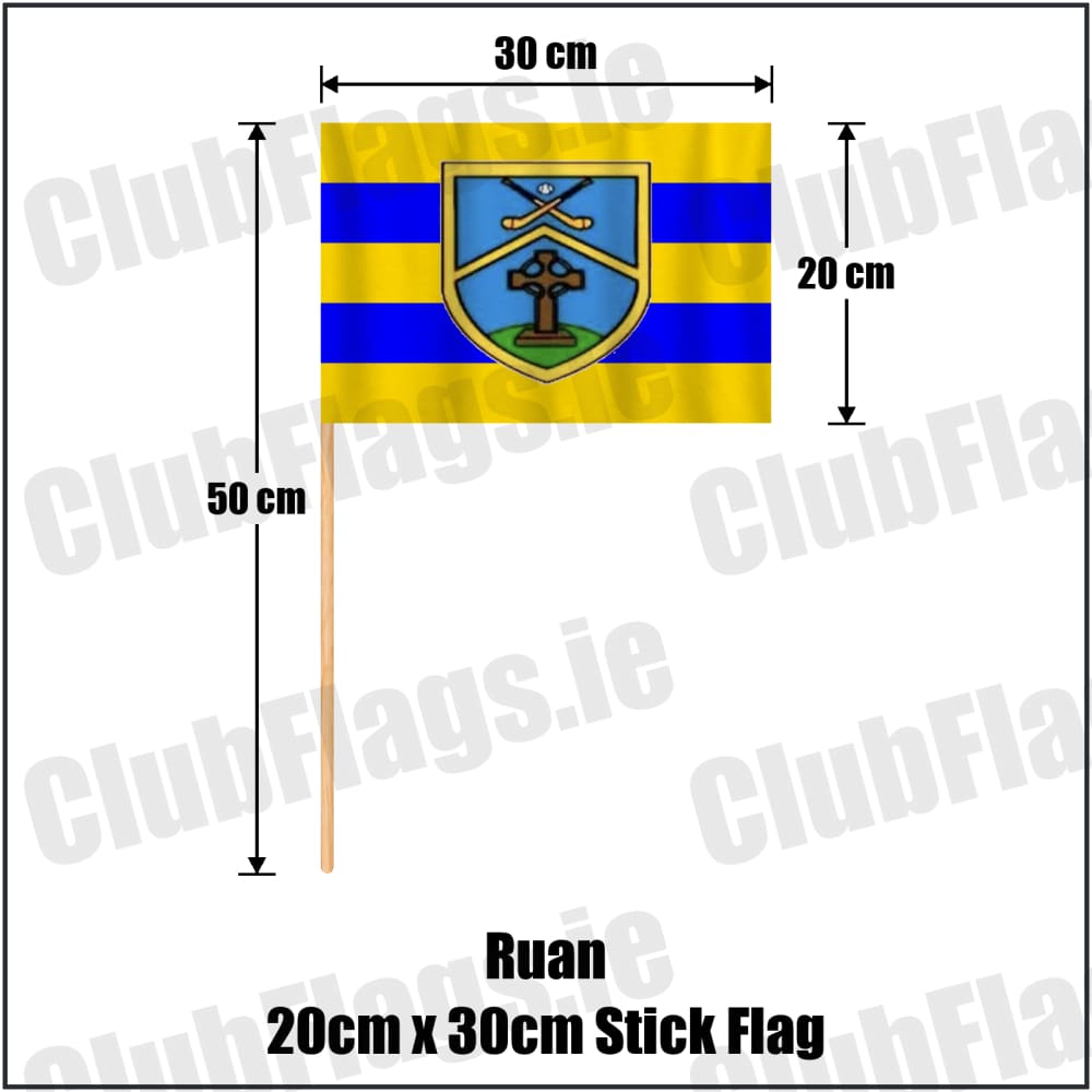 Ruan 20cm x 30cm Stick Flag in saffron and blue, featuring the club crest on realistic fabric with gentle vertical folds; County Clare GAA. ClubFlags.ie.
