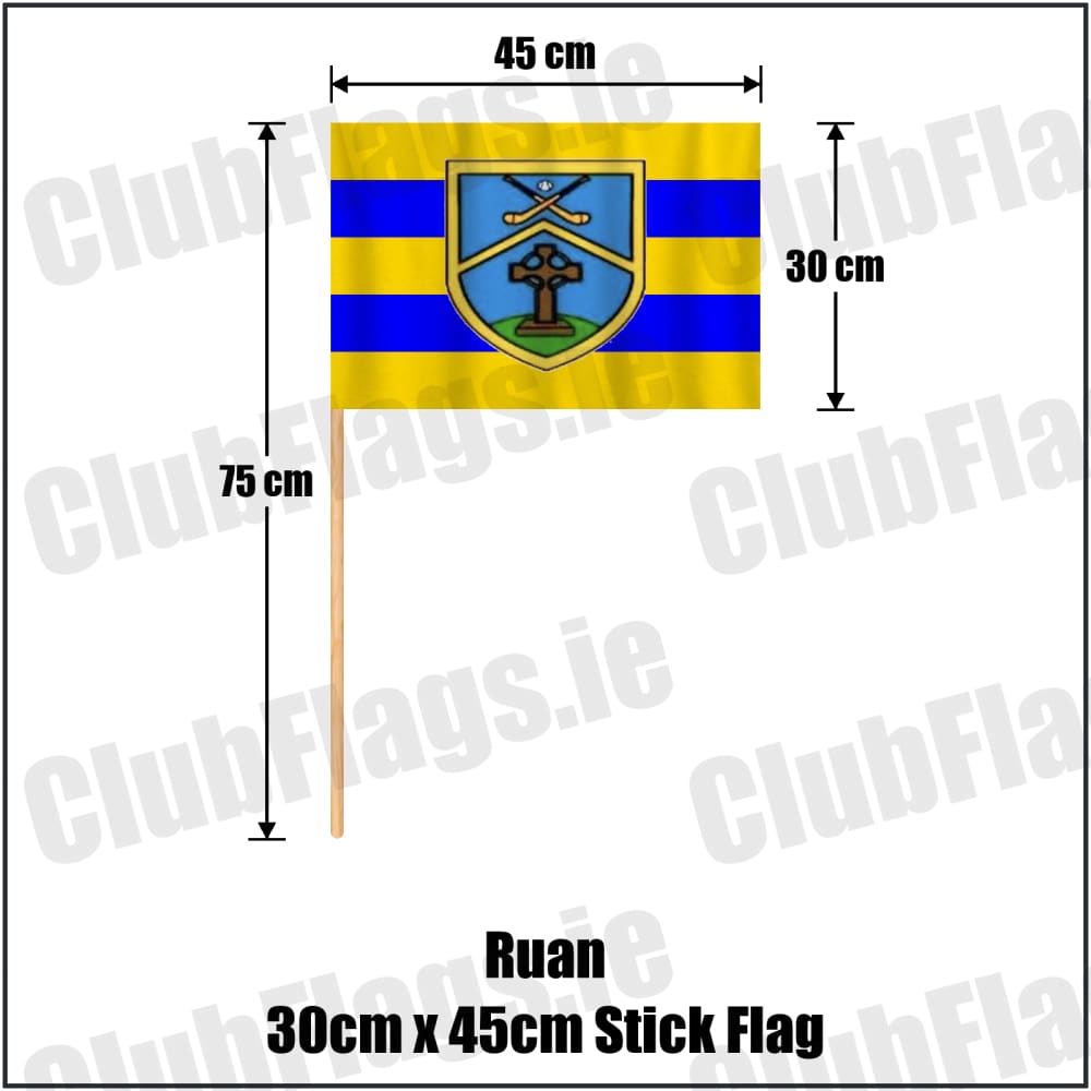 Ruan 30cm x 45cm Stick Flag in saffron and blue, featuring the club crest on realistic fabric with gentle vertical folds; County Clare GAA. ClubFlags.ie.