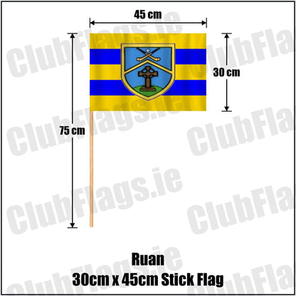 Ruan 30cm x 45cm Stick Flag in saffron and blue, featuring the club crest on realistic fabric with gentle vertical folds; County Clare GAA. ClubFlags.ie.