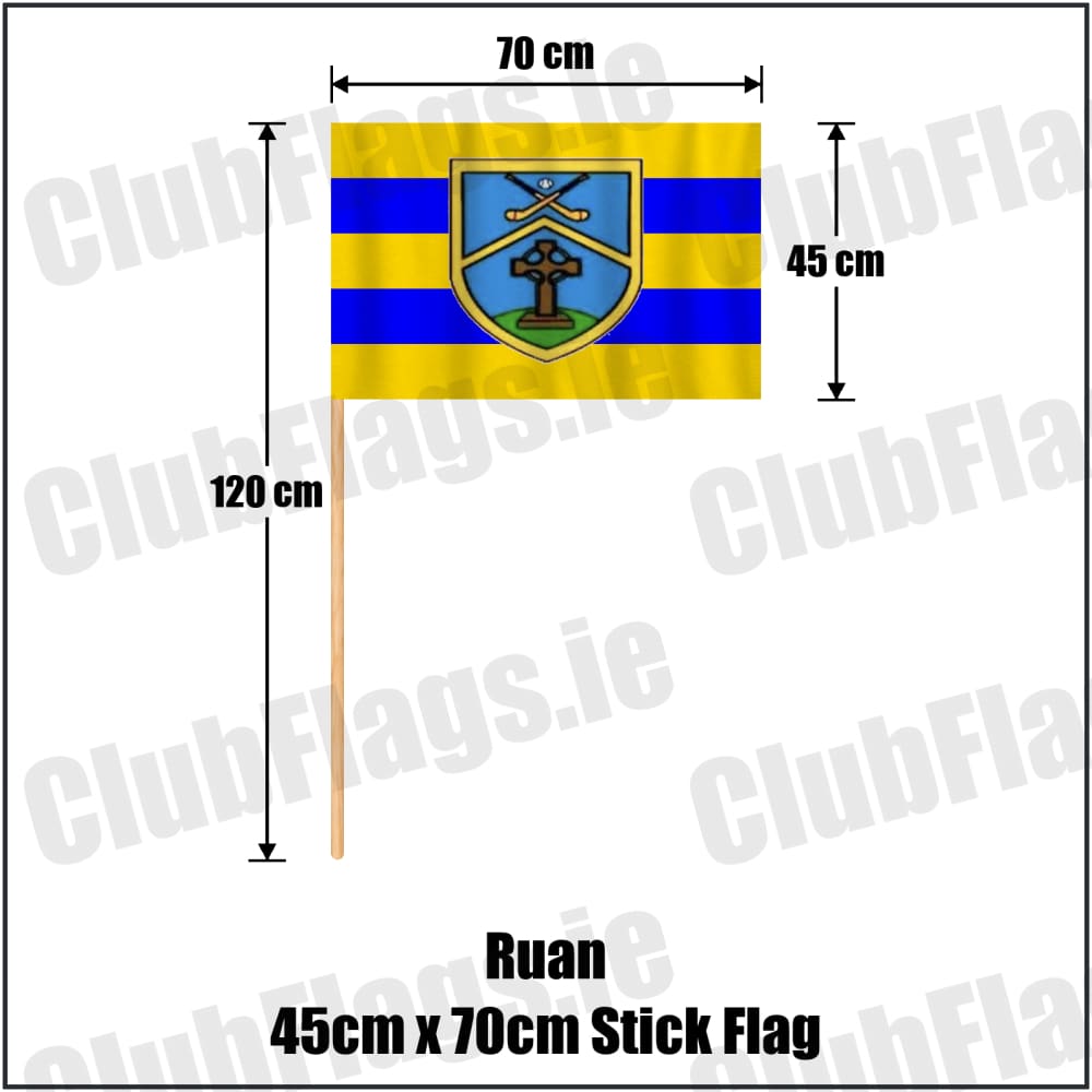 Ruan 45cm x 70cm Stick Flag in saffron and blue, featuring the club crest on realistic fabric with gentle vertical folds; County Clare GAA. ClubFlags.ie.