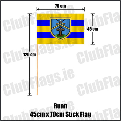 Ruan 45cm x 70cm Stick Flag in saffron and blue, featuring the club crest on realistic fabric with gentle vertical folds; County Clare GAA. ClubFlags.ie.