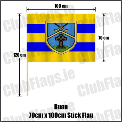 Ruan 70cm x 100cm Stick Flag in saffron and blue, featuring the club crest on realistic fabric with gentle vertical folds; County Clare GAA. ClubFlags.ie.