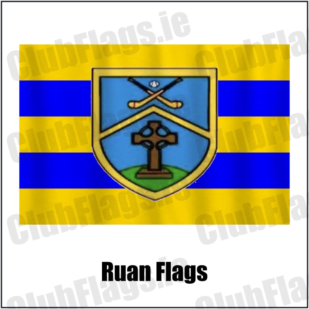 Ruan Flags in saffron and blue, featuring the club crest on realistic fabric with gentle vertical folds; County Clare GAA. ClubFlags.ie.