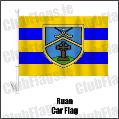 Ruan Car Flag in saffron and blue, featuring the club crest on realistic fabric with gentle vertical folds; County Clare GAA. ClubFlags.ie.