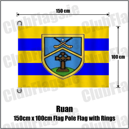 Ruan 150cm x 100cm Flag Pole Flag with Rings in saffron and blue, featuring the club crest on realistic fabric with gentle vertical folds; County Clare GAA. ClubFlags.ie.