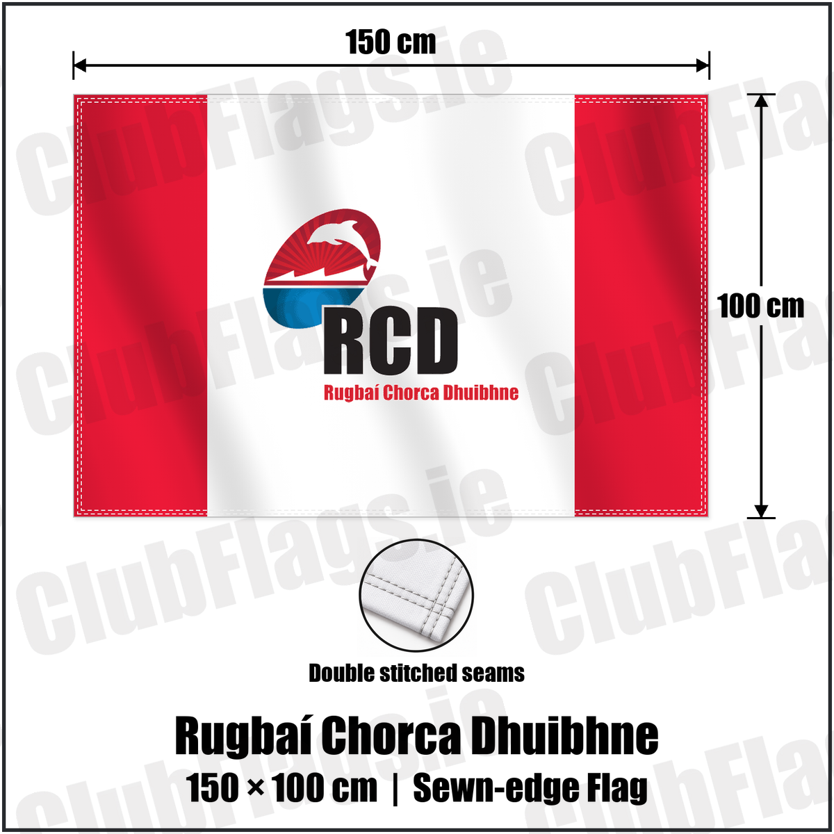 Rugbaí Chorca Dhuibhne 100cm x 150cm Flag (sewn on the edges) with the club crest and colours, Kerry Rugby - ClubFlags.ie