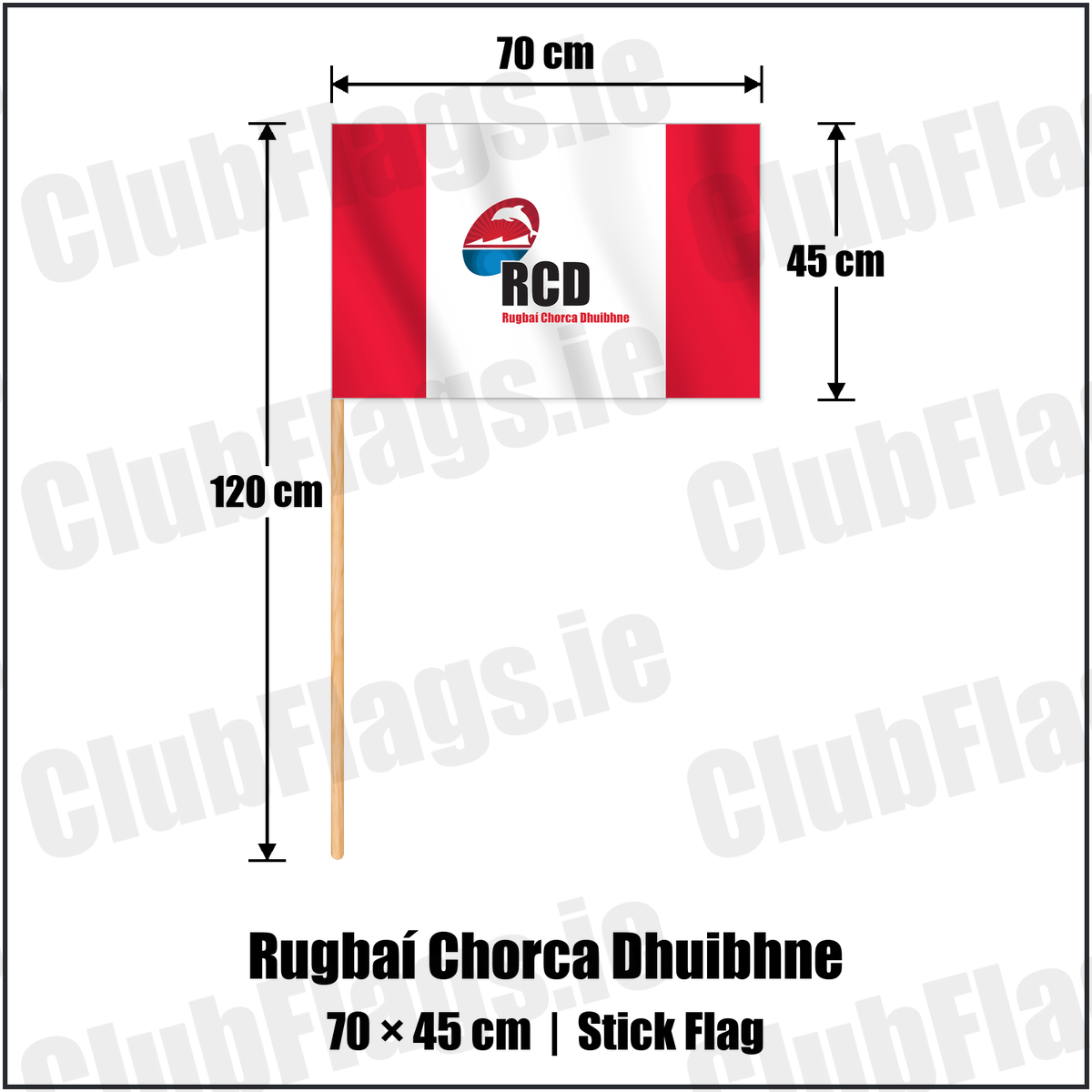 Rugbaí Chorca Dhuibhne 45cm x 70cm Stick Flag with the club crest and colours, Kerry Rugby - ClubFlags.ie
