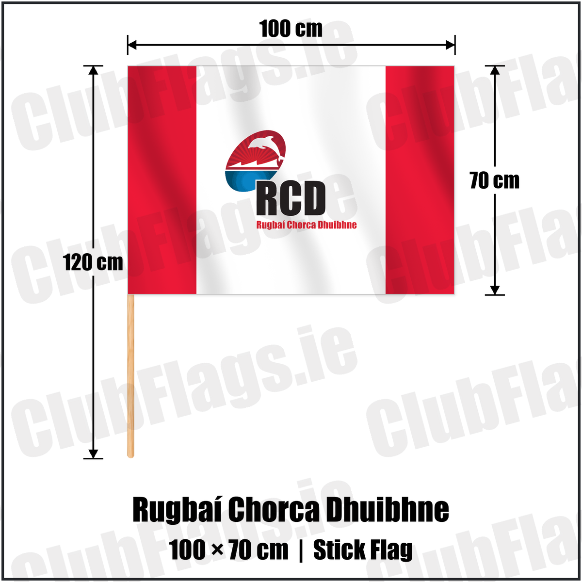 Rugbaí Chorca Dhuibhne 70cm x 100cm Stick Flag with the club crest and colours, Kerry Rugby - ClubFlags.ie