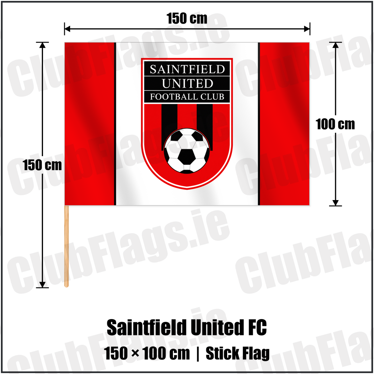 Saintfield United FC 100cm x 150cm Stick Flag with the club crest and colours, Down Football - ClubFlags.ie