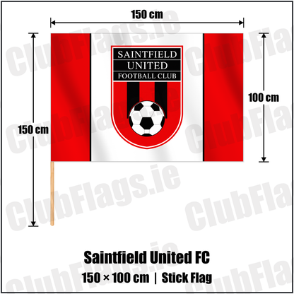 Saintfield United FC 100cm x 150cm Stick Flag with the club crest and colours, Down Football - ClubFlags.ie