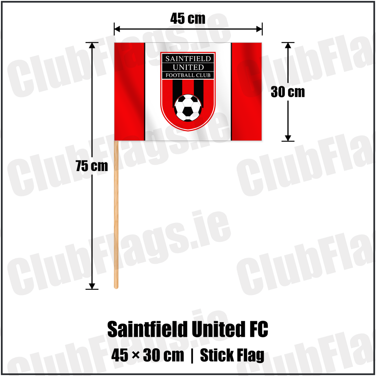 Saintfield United FC 30cm x 45cm Stick Flag with the club crest and colours, Down Football - ClubFlags.ie