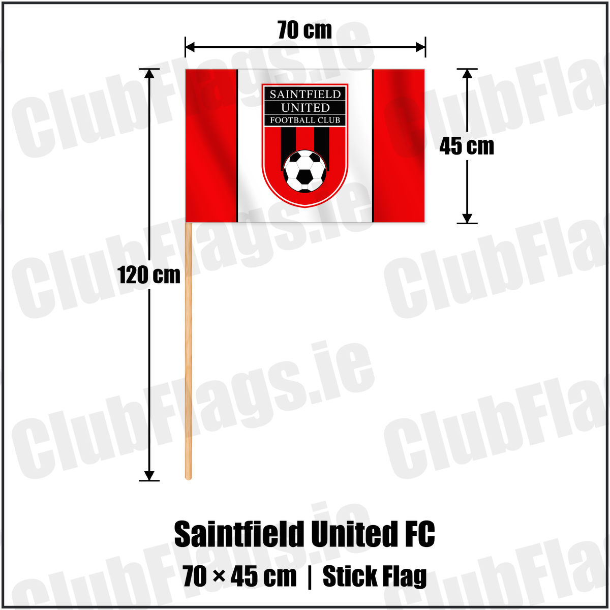 Saintfield United FC 45cm x 70cm Stick Flag with the club crest and colours, Down Football - ClubFlags.ie