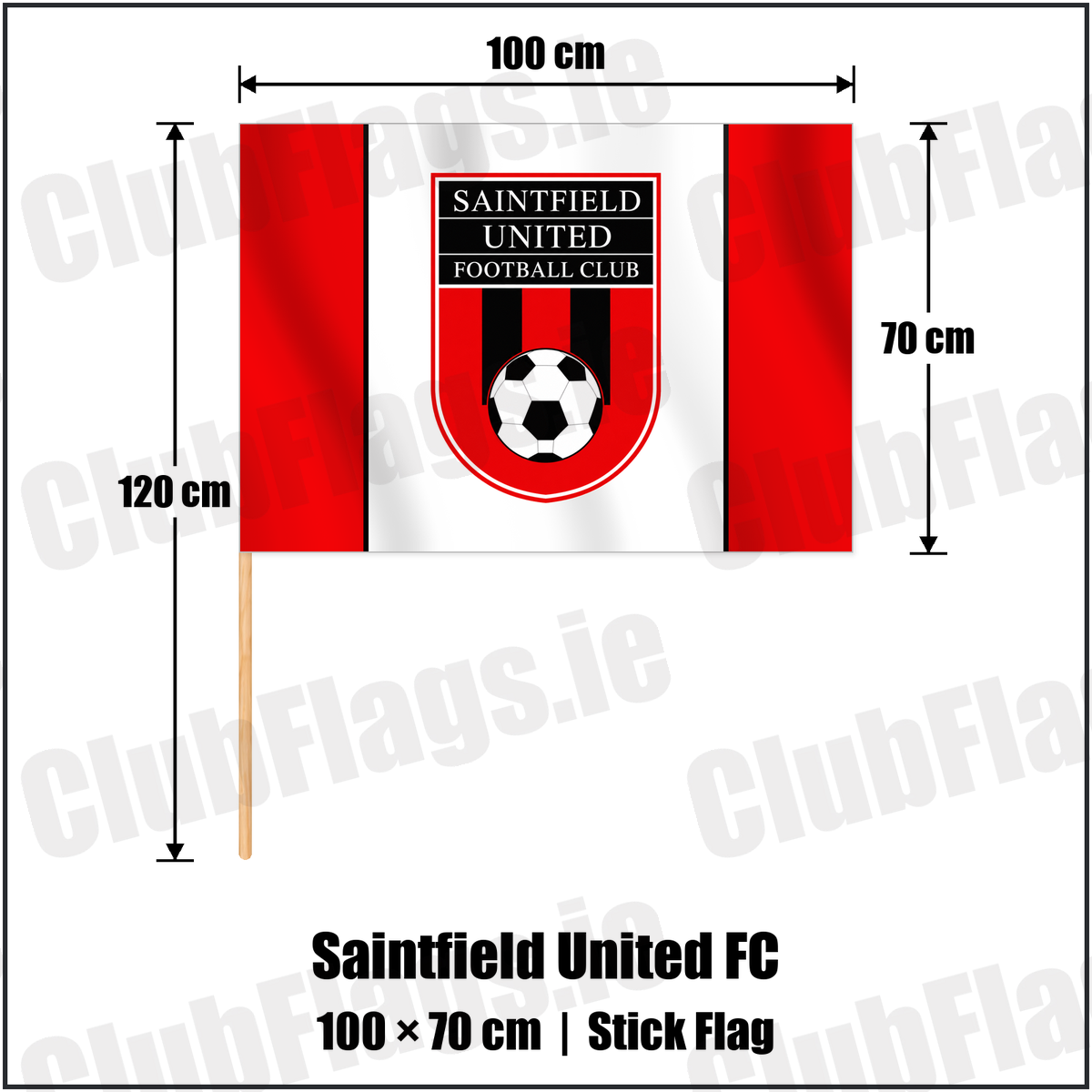 Saintfield United FC 70cm x 100cm Stick Flag with the club crest and colours, Down Football - ClubFlags.ie