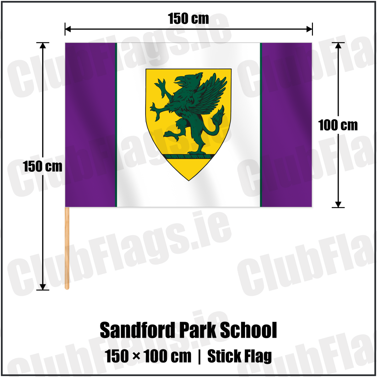 Sandford Park School 100cm x 150cm Stick Flag with the club crest and colours, Dublin Rugby - ClubFlags.ie