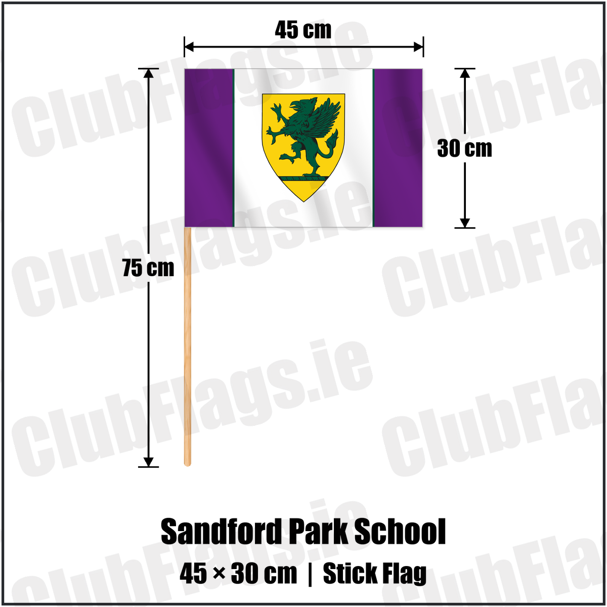 Sandford Park School 30cm x 45cm Stick Flag with the club crest and colours, Dublin Rugby - ClubFlags.ie