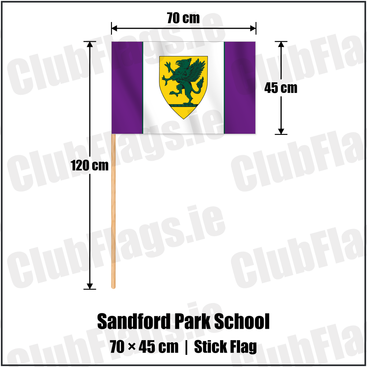 Sandford Park School 45cm x 70cm Stick Flag with the club crest and colours, Dublin Rugby - ClubFlags.ie