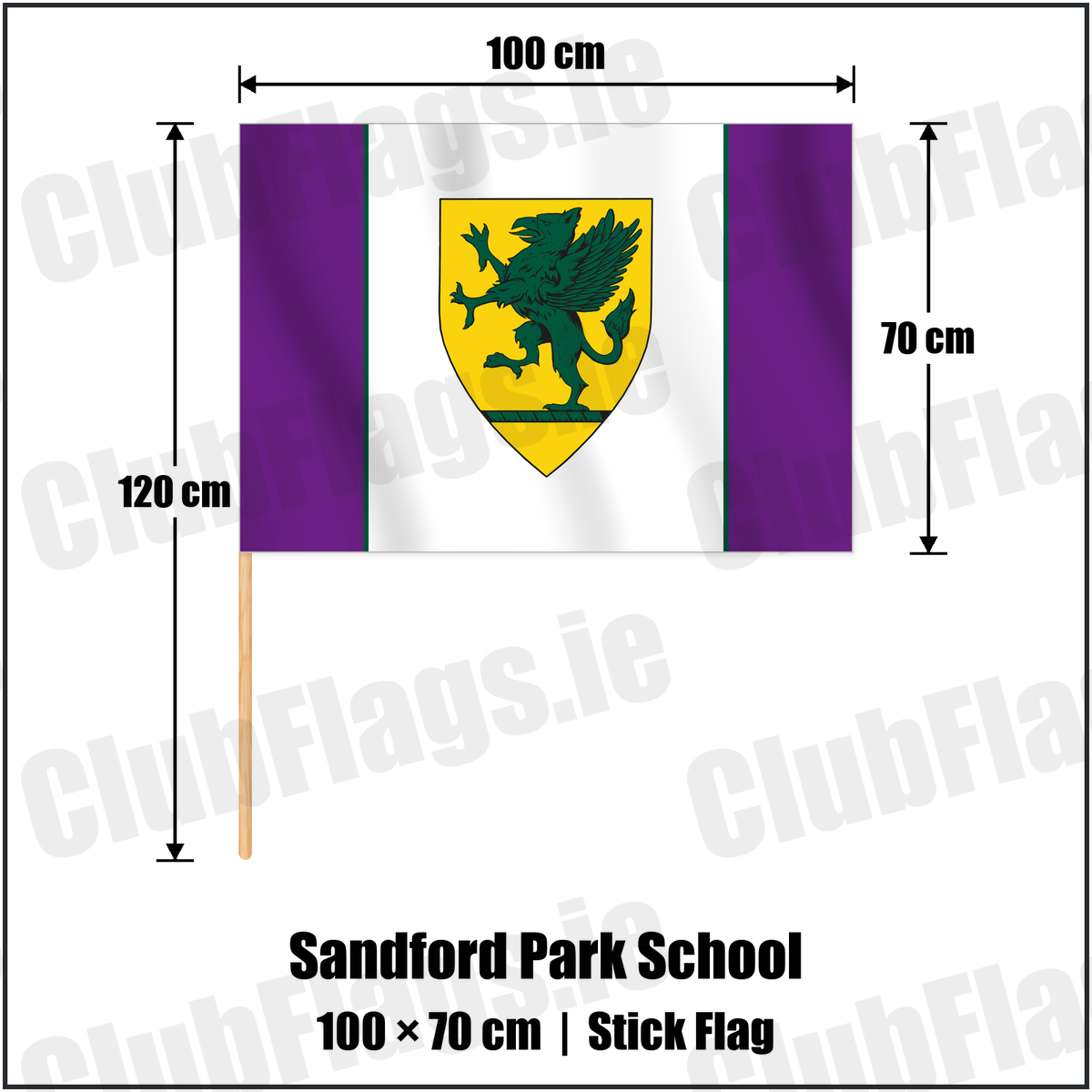 Sandford Park School 70cm x 100cm Stick Flag with the club crest and colours, Dublin Rugby - ClubFlags.ie