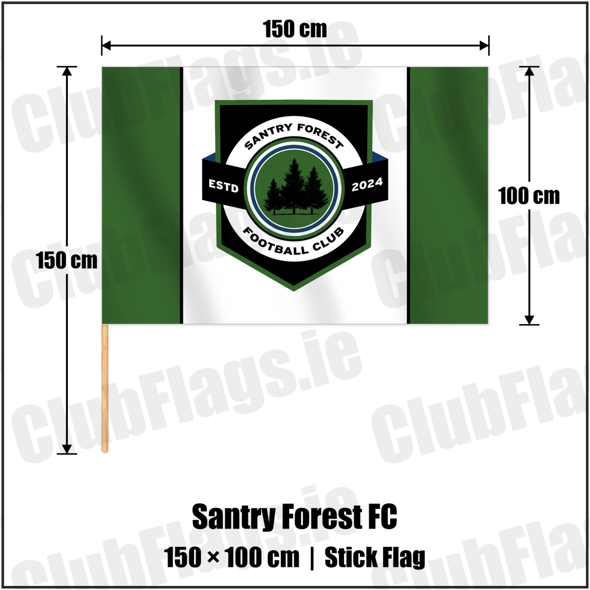 Santry Forest FC 100cm x 150cm Stick Flag with the club crest and colours, Dublin Football - ClubFlags.ie