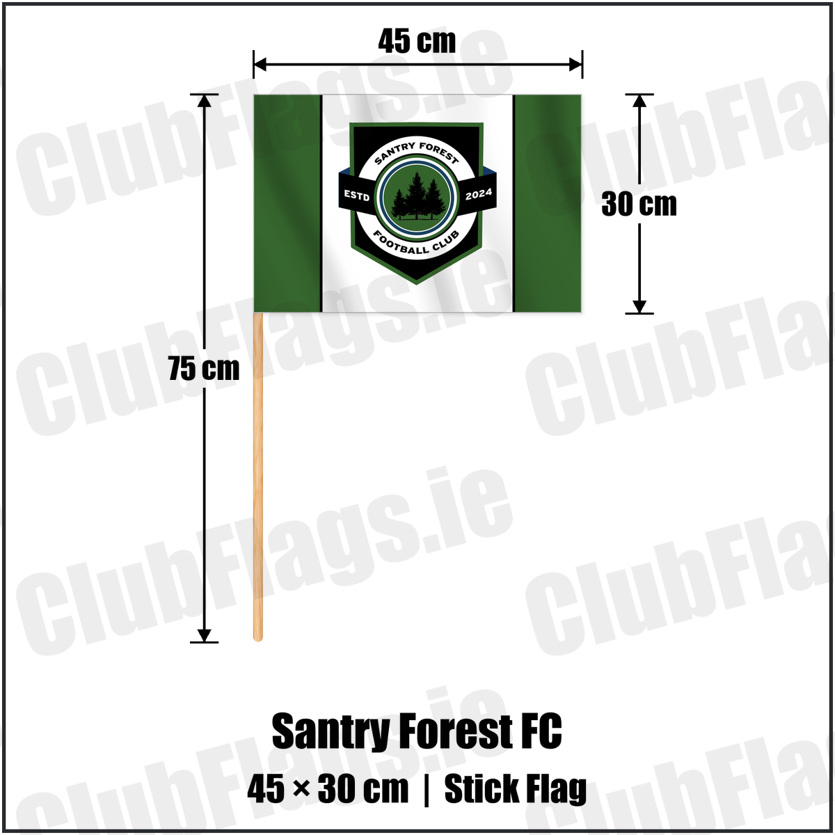 Santry Forest FC 30cm x 45cm Stick Flag with the club crest and colours, Dublin Football - ClubFlags.ie