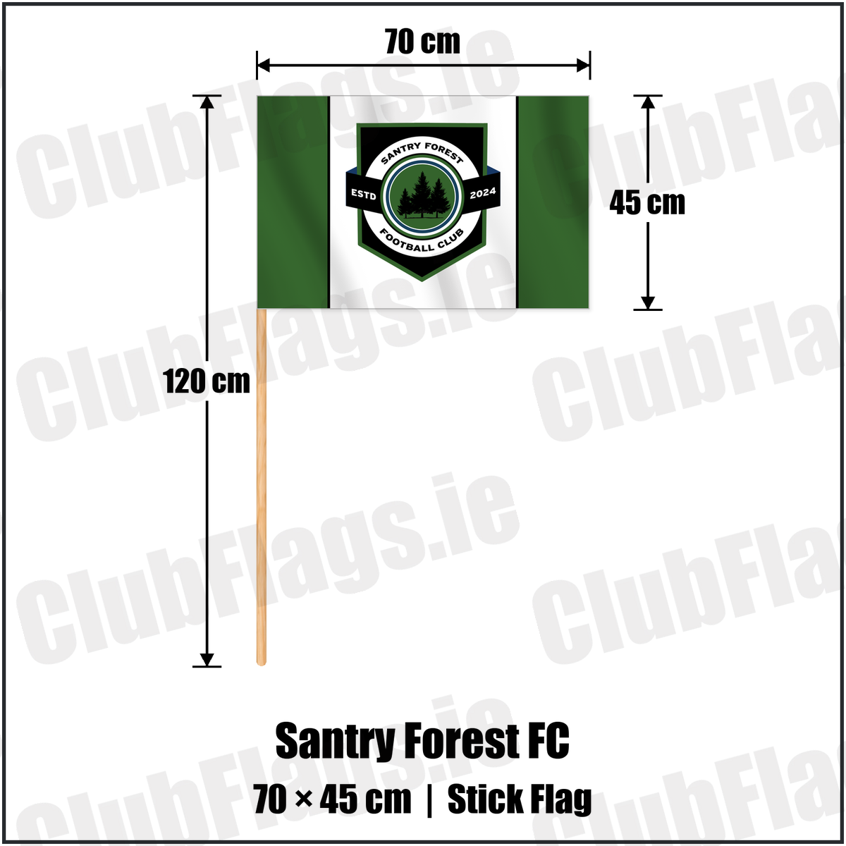 Santry Forest FC 45cm x 70cm Stick Flag with the club crest and colours, Dublin Football - ClubFlags.ie