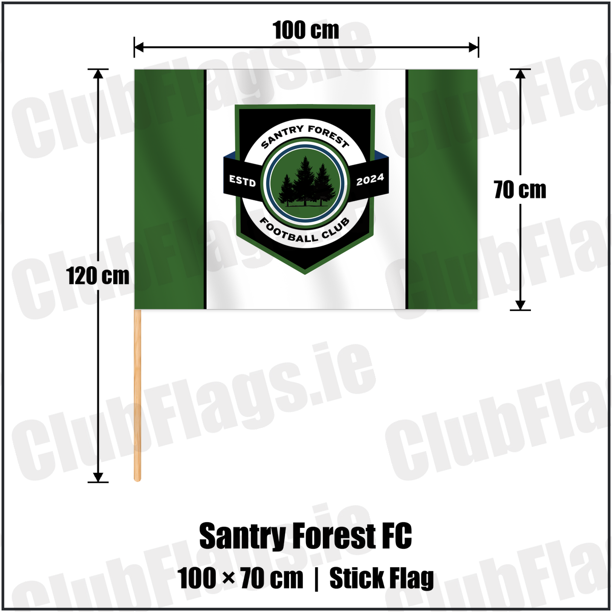 Santry Forest FC 70cm x 100cm Stick Flag with the club crest and colours, Dublin Football - ClubFlags.ie