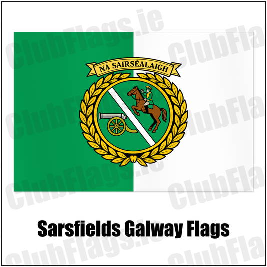 Sarsfields Galway Flags with the club crest and colours, Galway GAA - ClubFlags.ie