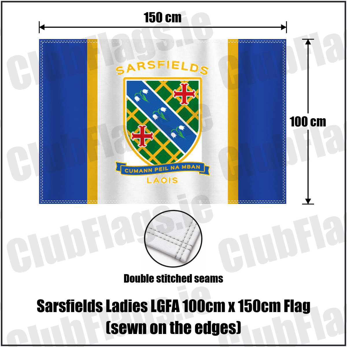 Sarsfields Ladies LGFA 100cm x 150cm Flag (sewn on the edges), featuring the club crest and blue and amber colours; County Laois ladies Gaelic football. ClubFlags.ie.