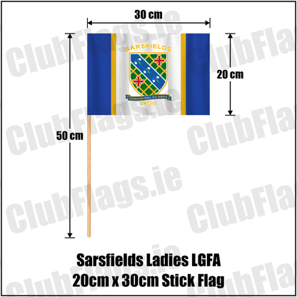 Sarsfields Ladies LGFA 20cm x 30cm Stick Flag, featuring the club crest and blue and amber colours; County Laois ladies Gaelic football. ClubFlags.ie.