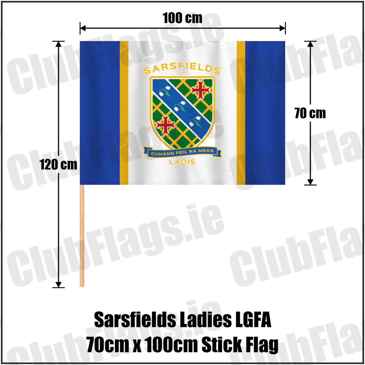 Sarsfields Ladies LGFA 70cm x 100cm Stick Flag, featuring the club crest and blue and amber colours; County Laois ladies Gaelic football. ClubFlags.ie.