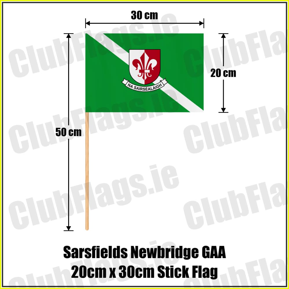Sarsfields Newbridge GAA, County Kildare, green and white club-crest flag, 20 cm high by 30 cm wide, with wooden stick.