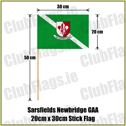 Sarsfields Newbridge GAA, County Kildare, green and white club-crest flag, 20 cm high by 30 cm wide, with wooden stick.