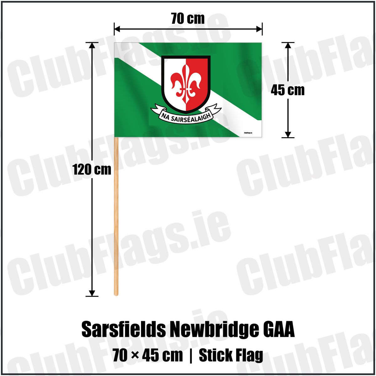 Sarsfields Newbridge GAA 45cm x 70cm Stick Flag with the verified club crest and colours, Kildare GAA - ClubFlags.ie