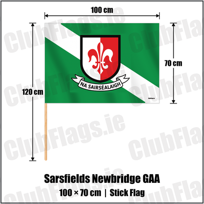Sarsfields Newbridge GAA 70cm x 100cm Stick Flag with the verified club crest and colours, Kildare GAA - ClubFlags.ie