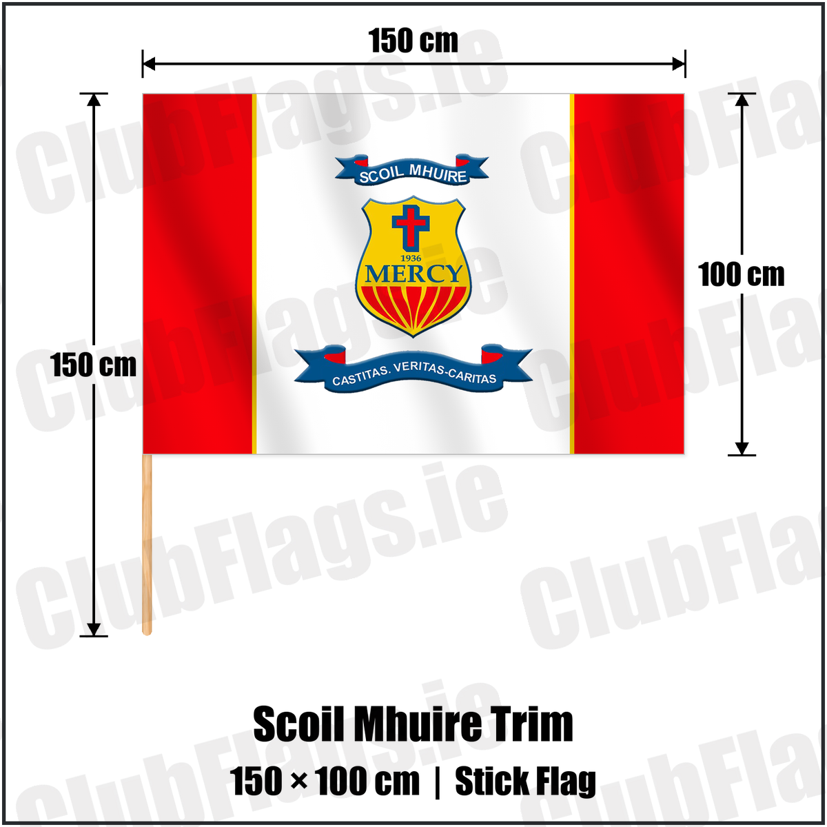 Scoil Mhuire Trim 100cm x 150cm Stick Flag with the club crest and colours, Meath GAA - ClubFlags.ie