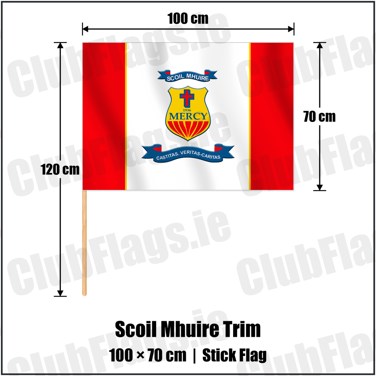 Scoil Mhuire Trim 70cm x 100cm Stick Flag with the club crest and colours, Meath GAA - ClubFlags.ie