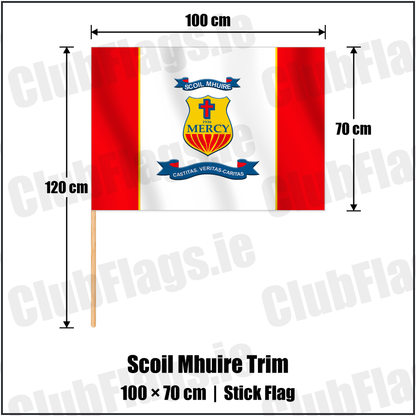 Scoil Mhuire Trim 70cm x 100cm Stick Flag with the club crest and colours, Meath GAA - ClubFlags.ie