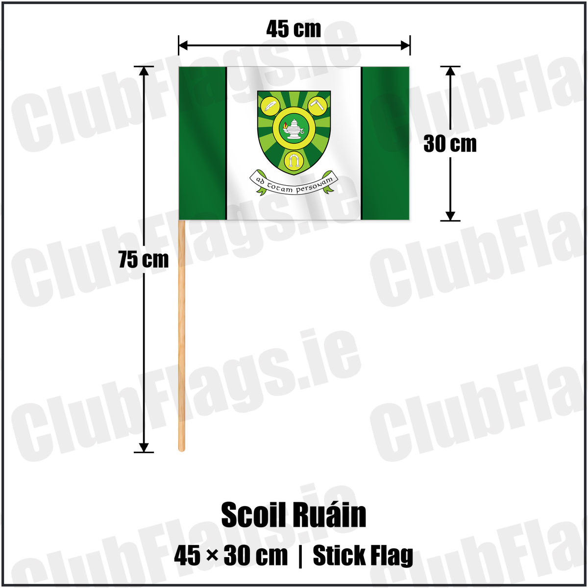 Scoil Ruáin 30cm x 45cm Stick Flag with the club crest and colours, Tipperary GAA - ClubFlags.ie