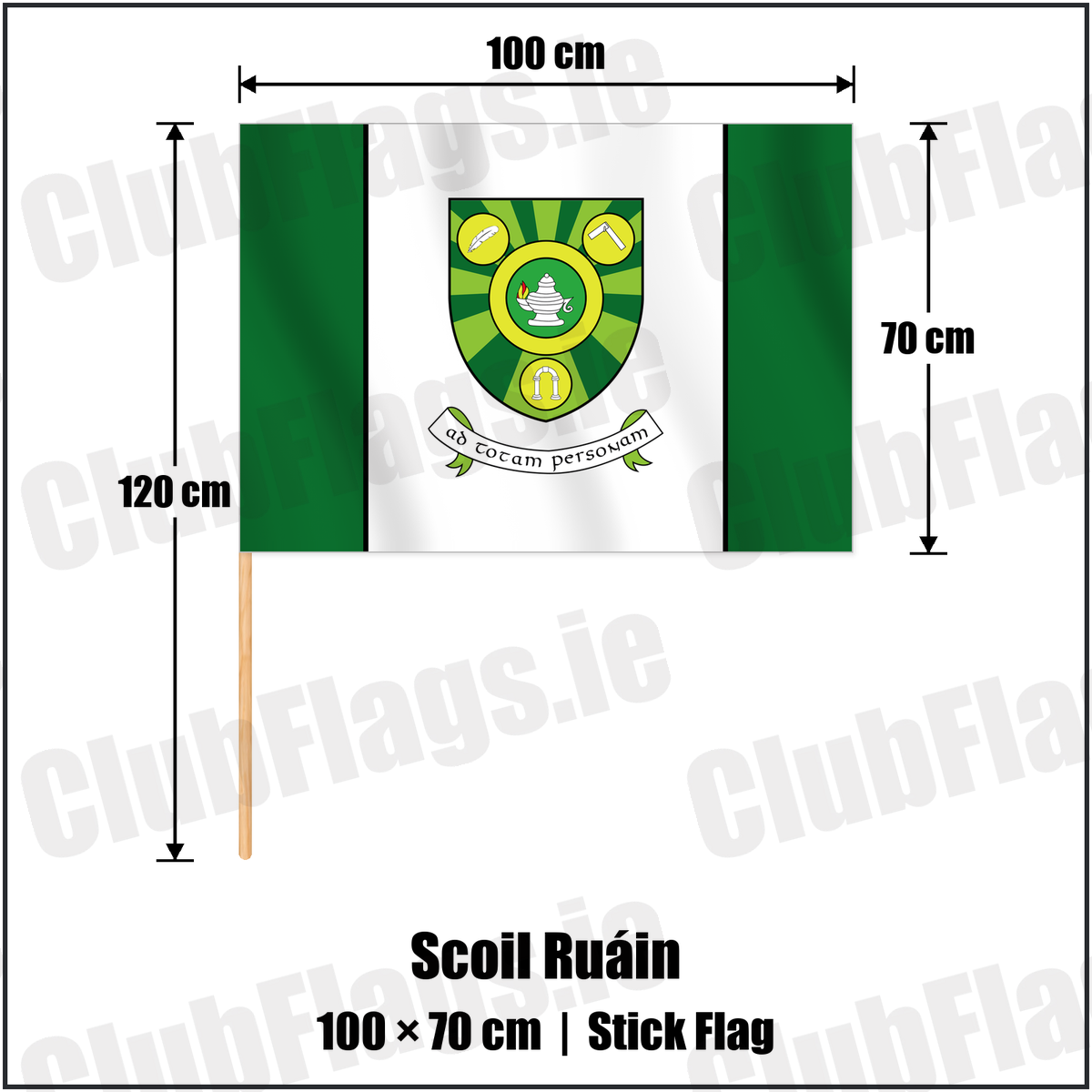 Scoil Ruáin 70cm x 100cm Stick Flag with the club crest and colours, Tipperary GAA - ClubFlags.ie