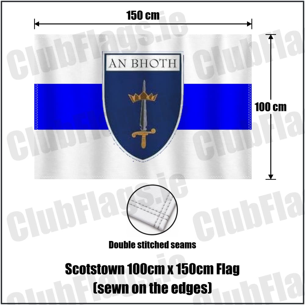 Scotstown 100cm x 150cm Flag (sewn on the edges) in blue and white, featuring the club crest on realistic fabric with gentle vertical folds; County Monaghan GAA. ClubFlags.ie.