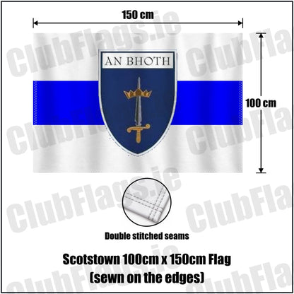 Scotstown 100cm x 150cm Flag (sewn on the edges) in blue and white, featuring the club crest on realistic fabric with gentle vertical folds; County Monaghan GAA. ClubFlags.ie.